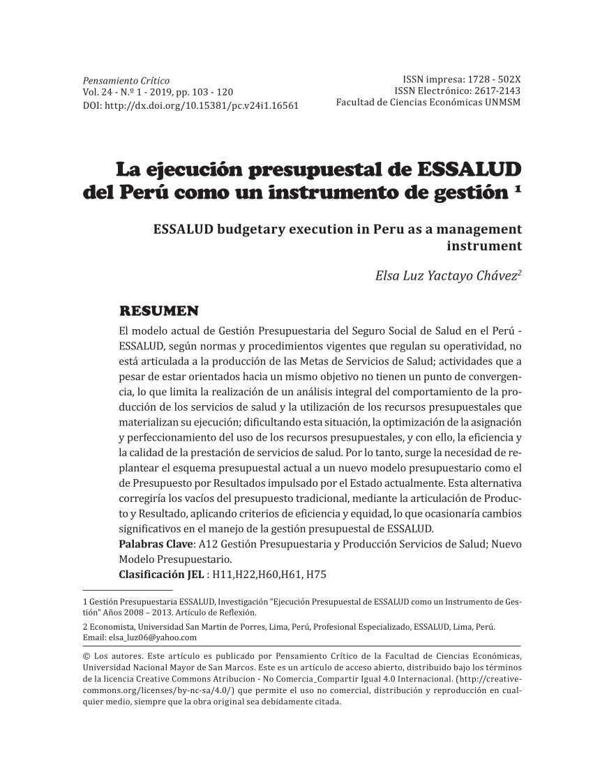 Pdf La Ejecución Presupuestal De Essalud Del Perú Como Un Instrumento De Gestión 