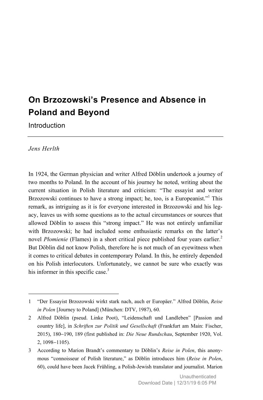 (PDF) On Brzozowski’s Presence and Absence in Poland and Beyond Introduction: Transnational 