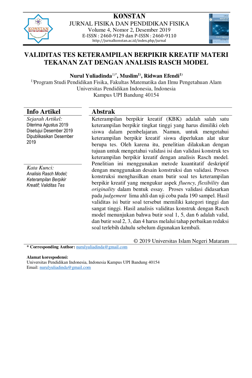 Pdf Validitas Tes Keterampilan Berpikir Kreatif Materi Tekanan Zat Dengan Analisis Rasch Model 6615