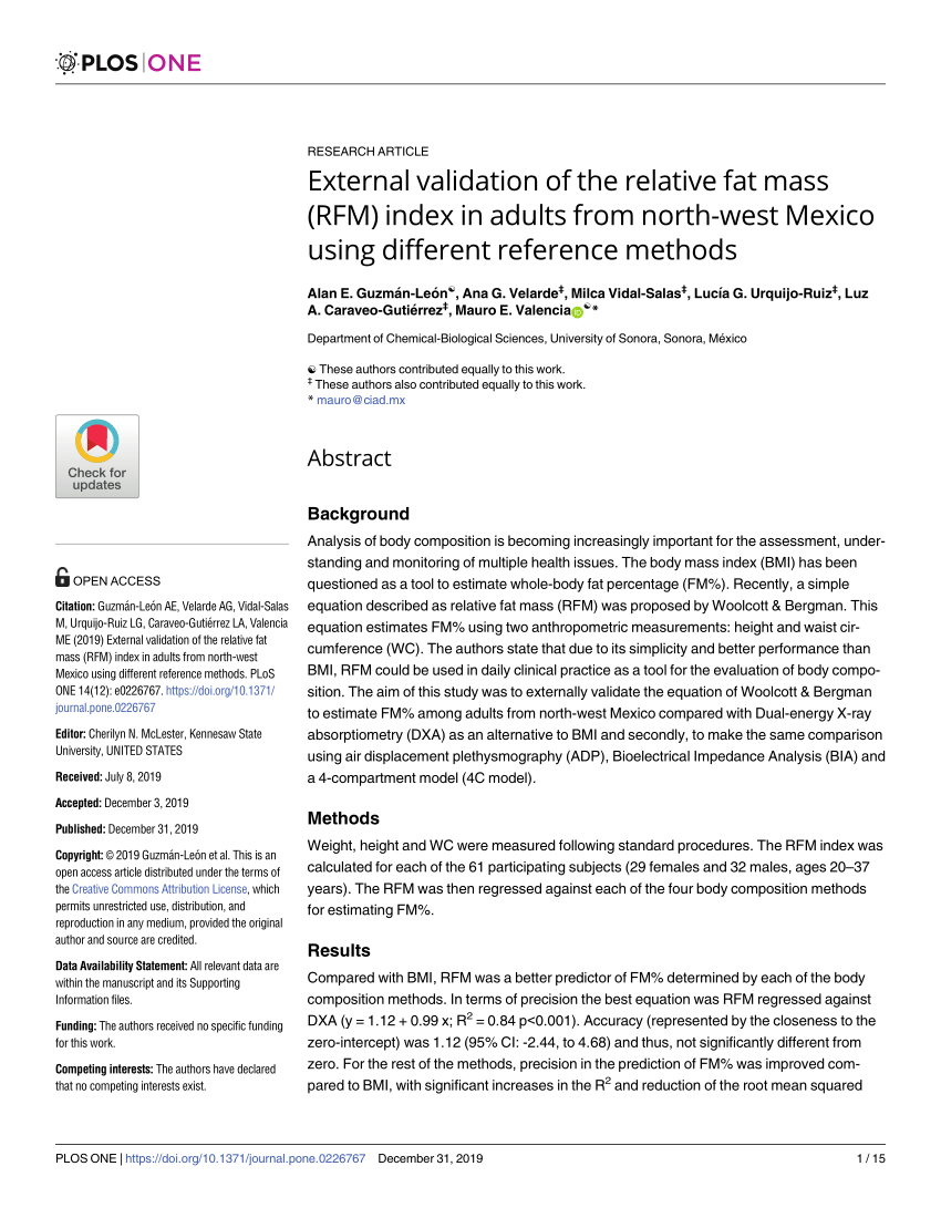 Pdf External Validation Of The Relative Fat Mass Rfm Index In Adults From North West Mexico Using Different Reference Methods