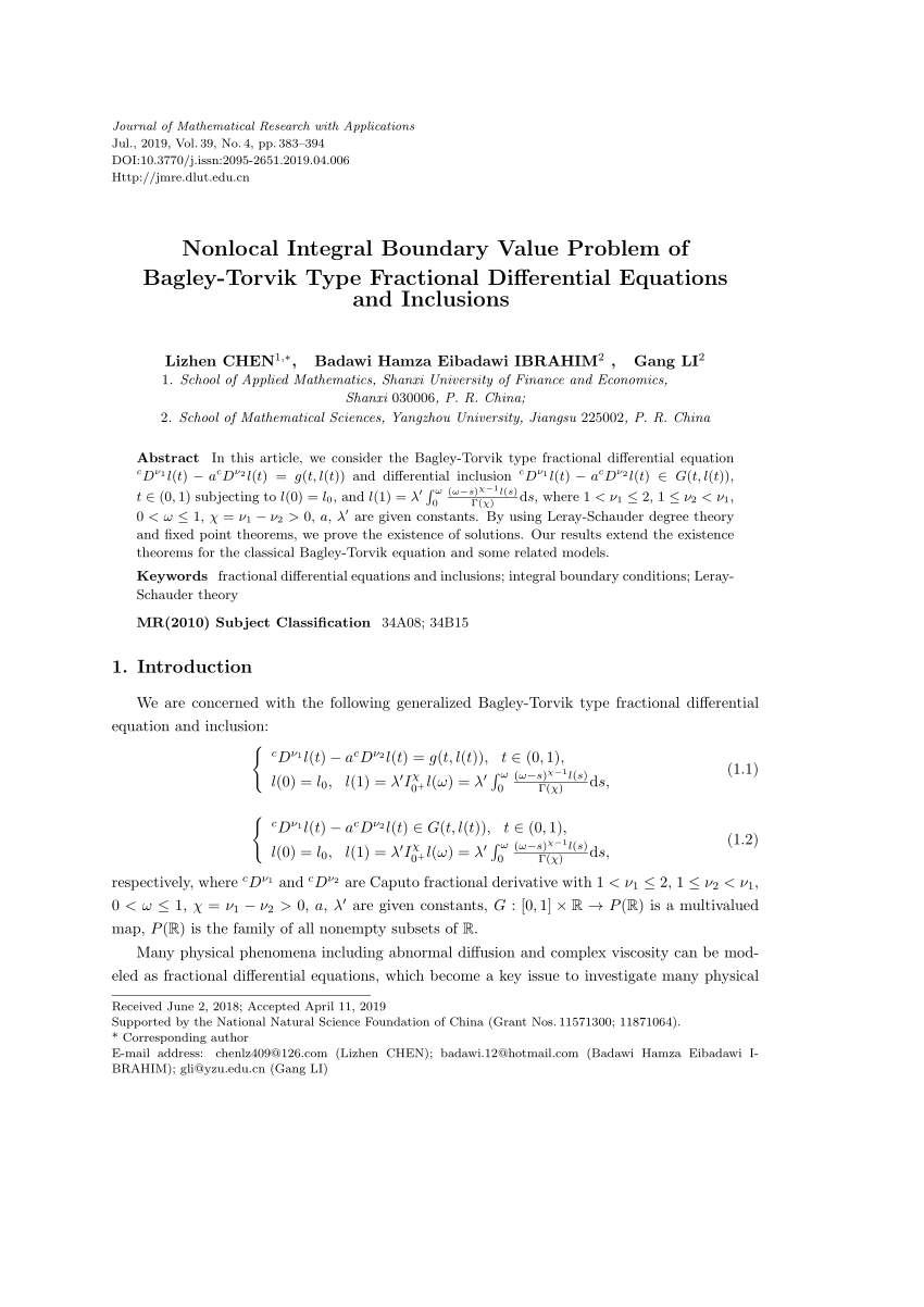 Pdf Nonlocal Integral Boundary Value Problem Of Bagley Torvik Type Fractional Differential Equations And Inclusions