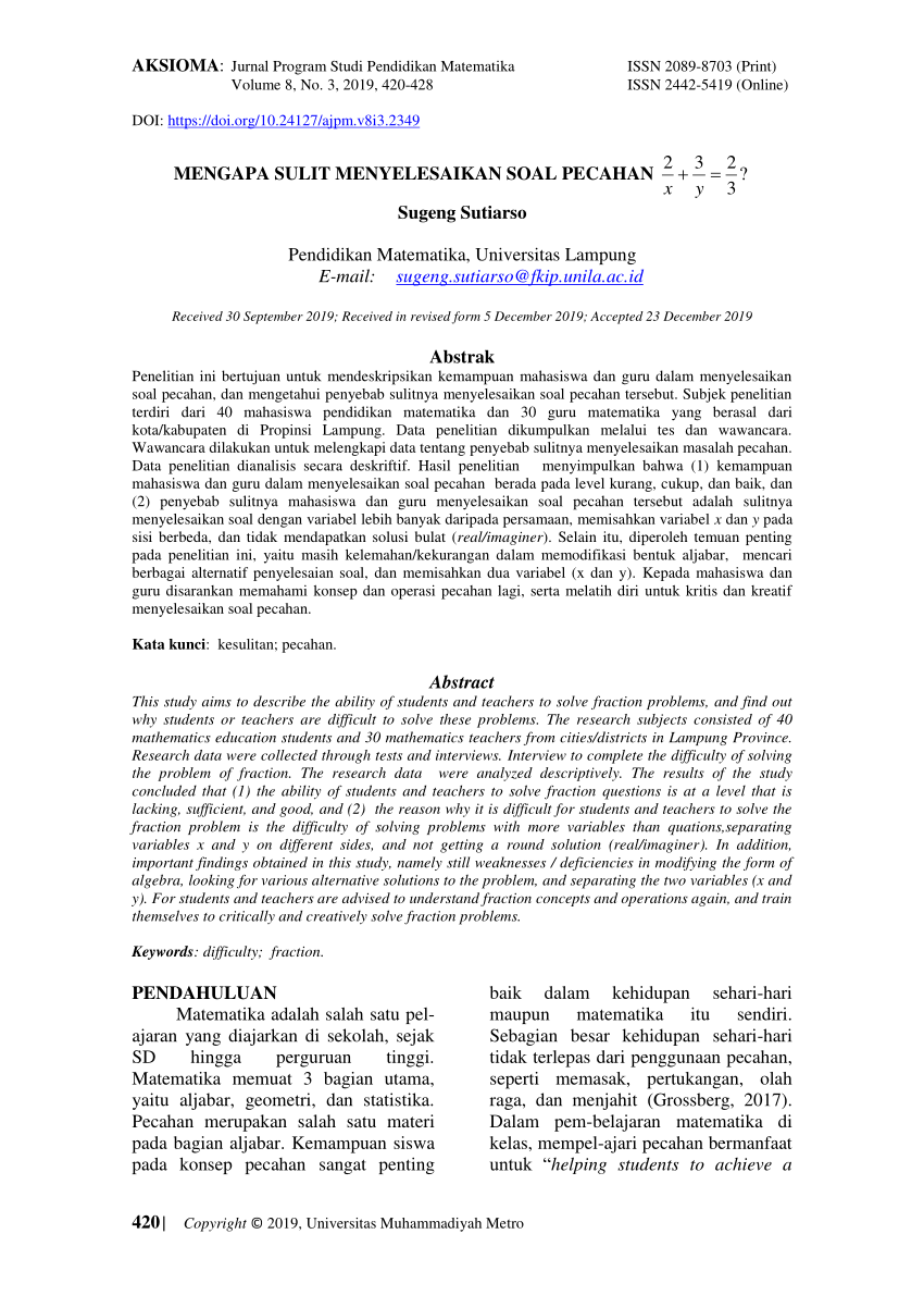 Pdf Mengapa Sulit Menyelesaikan Soal Pecahan 2 A 3 B 2 3