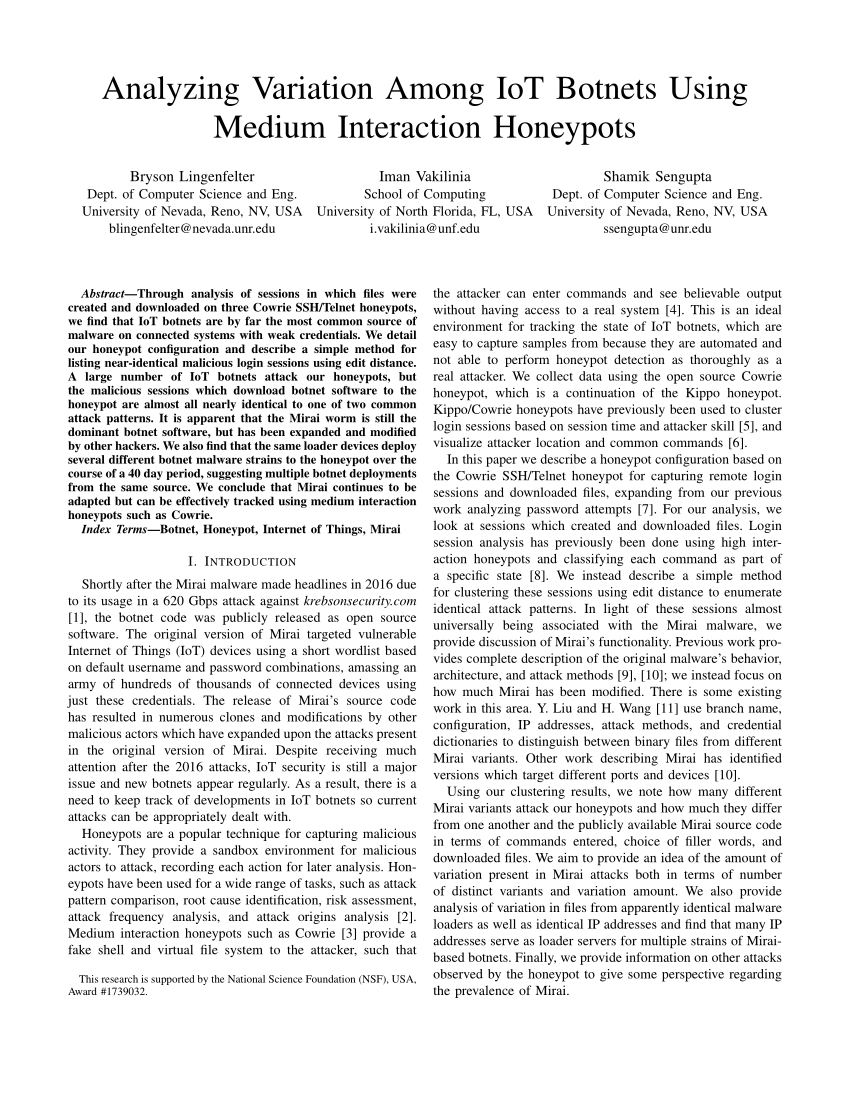 Pdf Analyzing Variation Among Iot Botnets Using Medium Interaction Honeypots