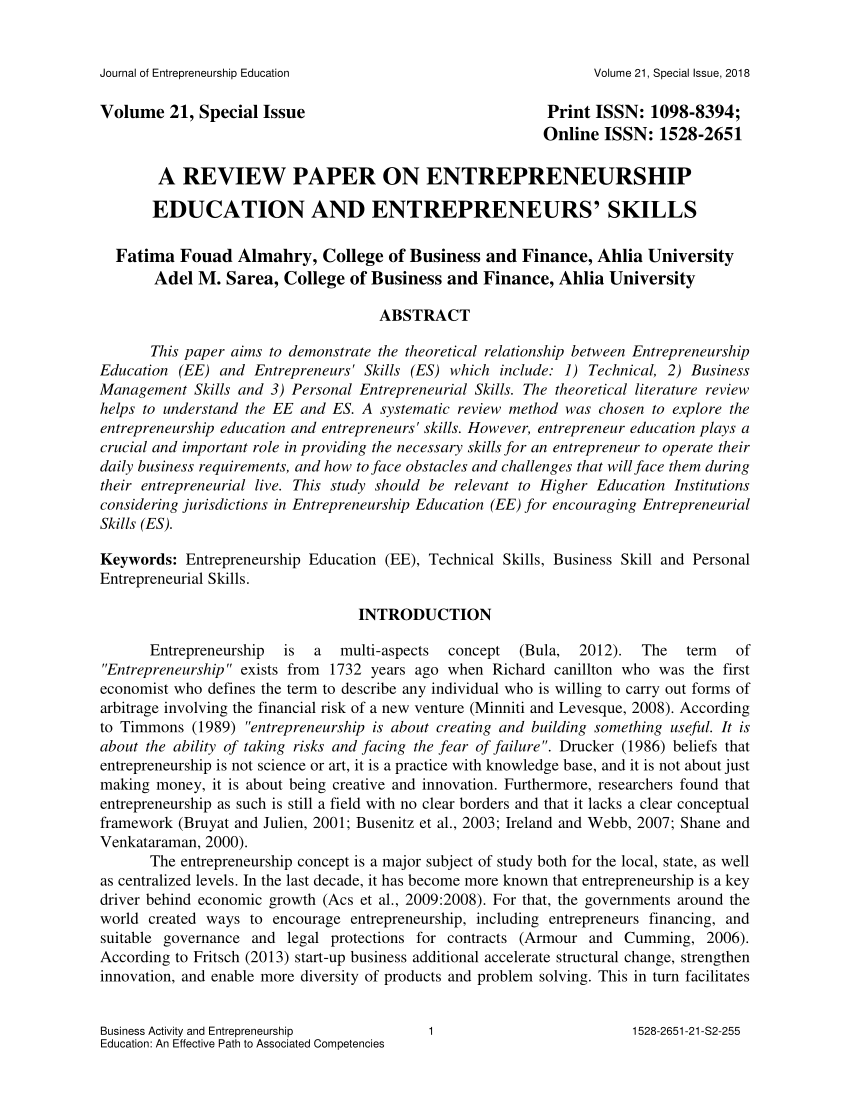 a review paper on entrepreneurship education and entrepreneurs' skills