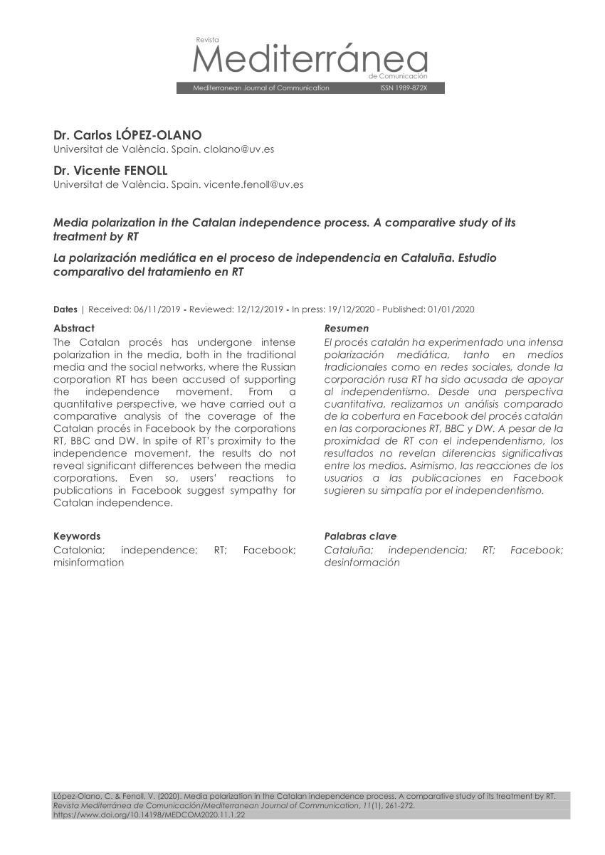 Pdf Media Polarization In The Catalan Independence Process A Comparative Study Of Its Treatment By Rt