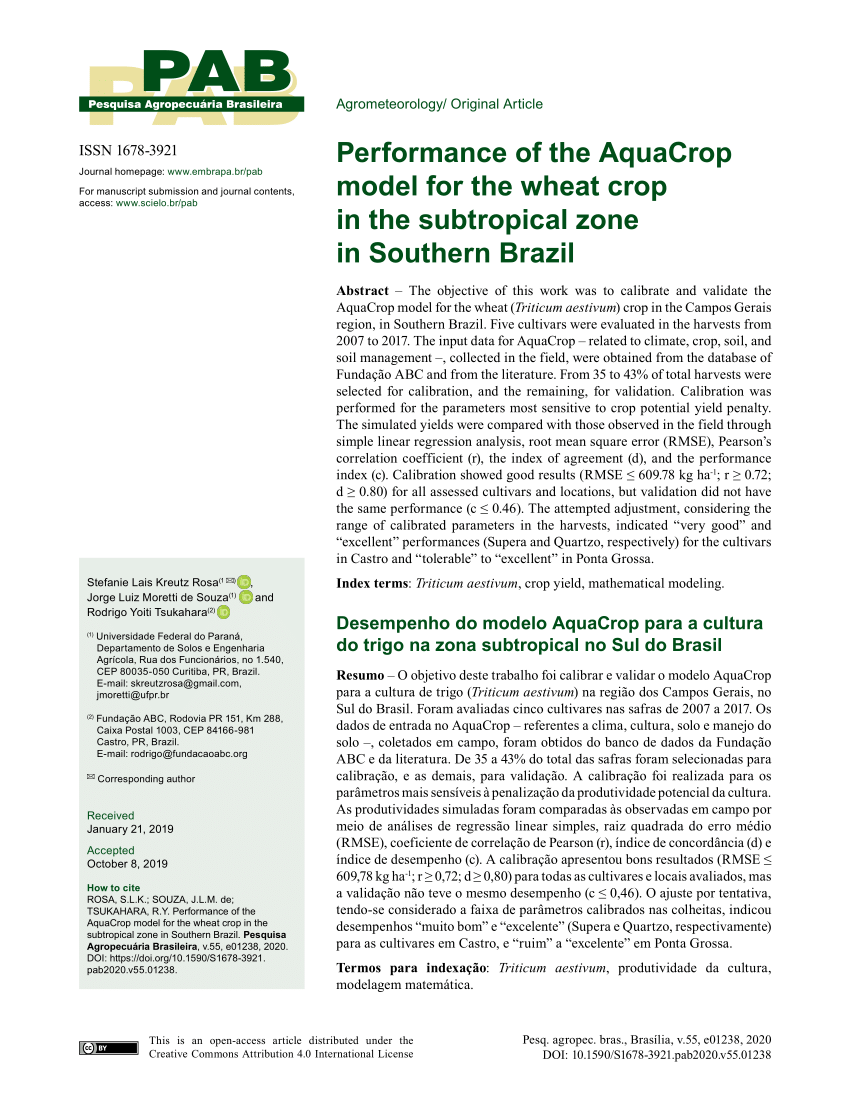 PDF) Performance of the AquaCrop model for the wheat crop in the  subtropical zone in Southern Brazil
