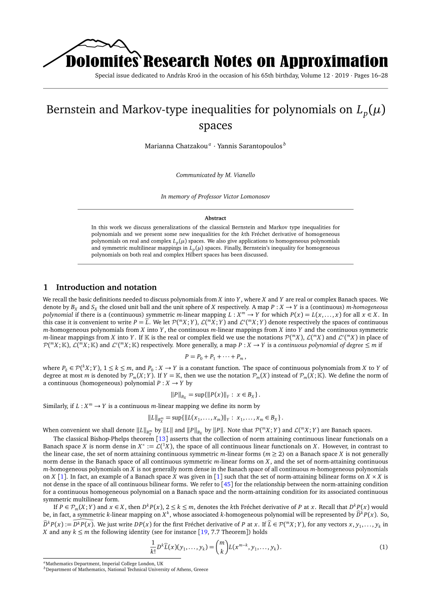 Pdf Bernstein And Markov Type Inequalities For Polynomials On L P µ Spaces