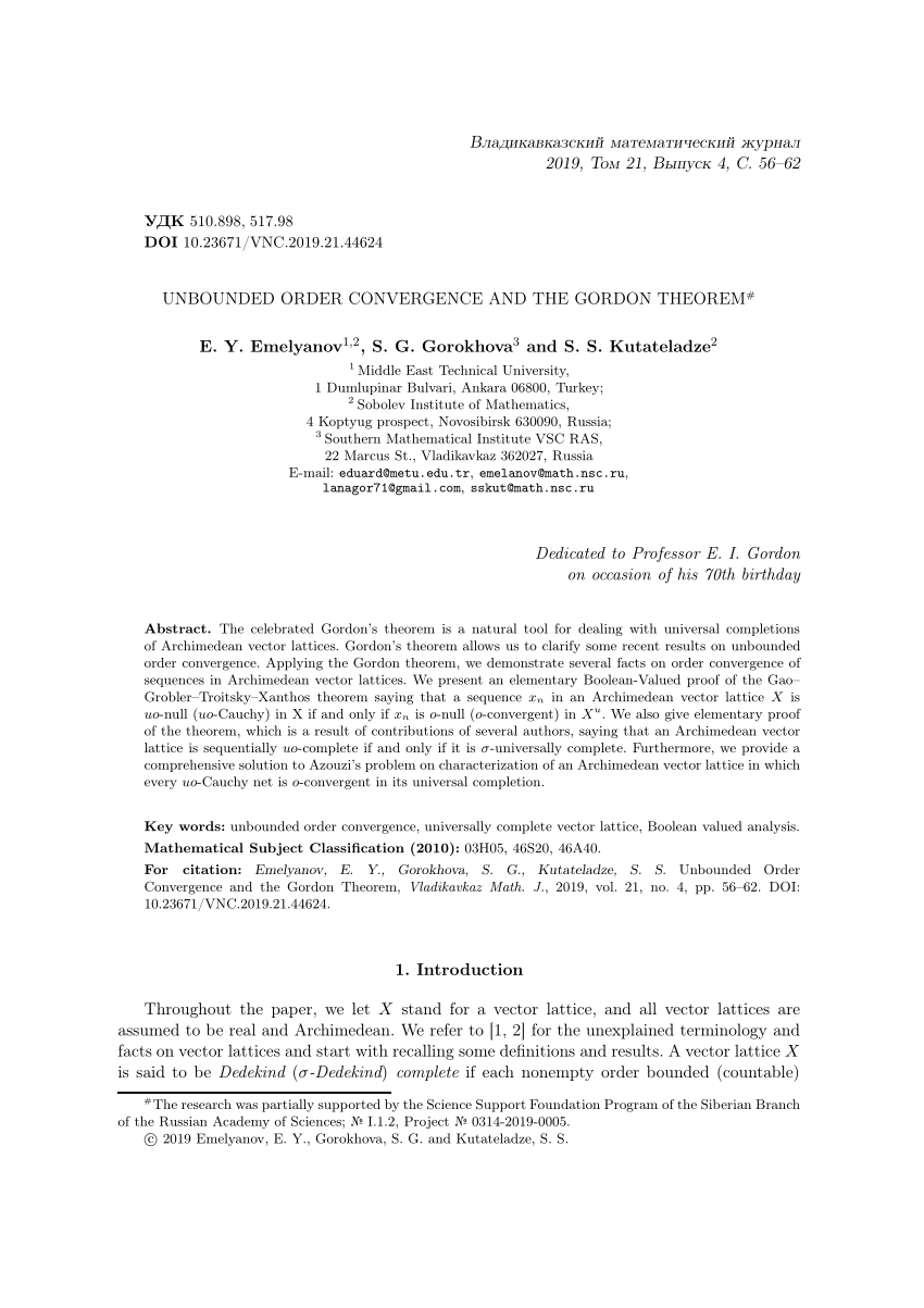 Pdf Unbounded Order Convergence And The Gordon Theorem