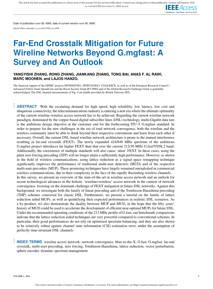 Pdf Far End Crosstalk Mitigation For Future Wireline Networks Beyond G Mgfast A Survey And An Outlook