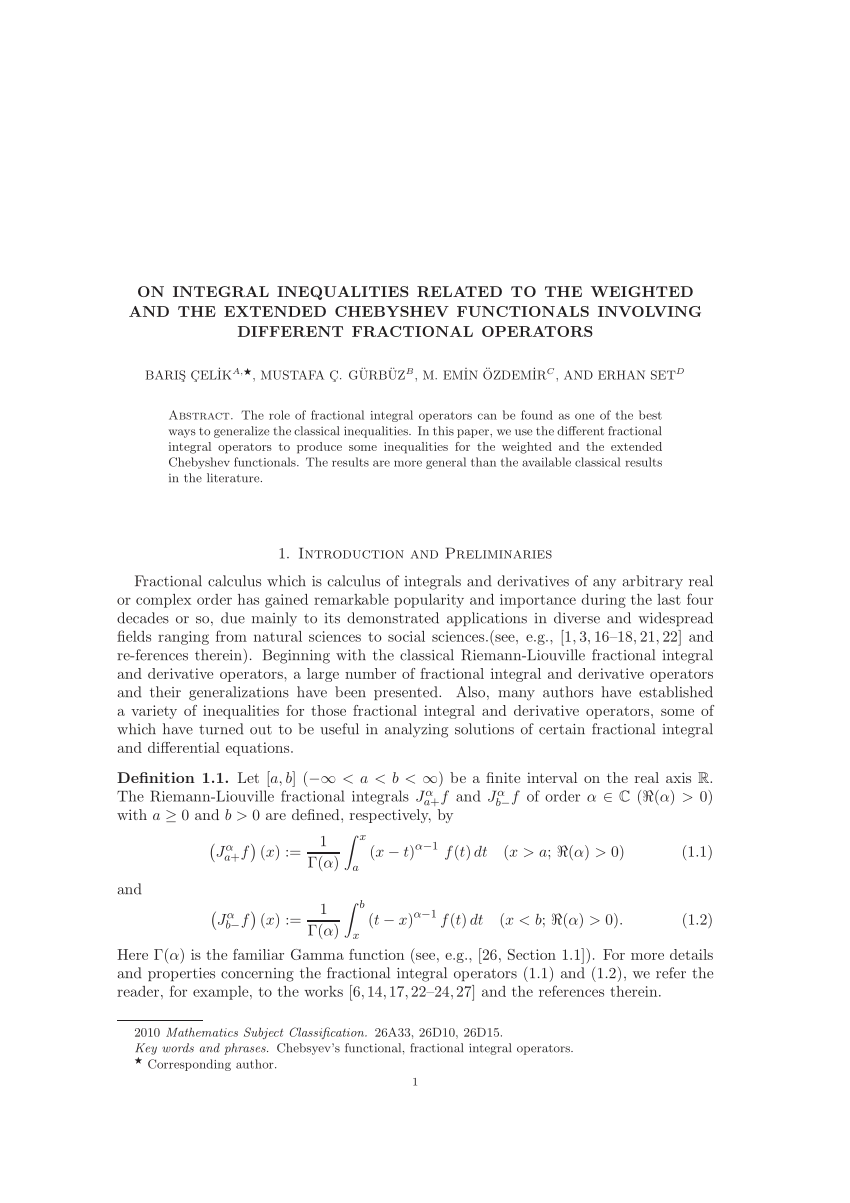 Pdf On Integral Inequalities Related To The Weighted And The Extended Chebyshev Functionals Involving Different Fractional Operators