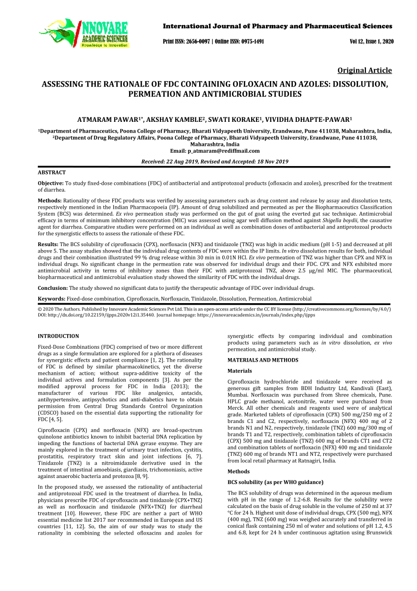 Pdf Assessing The Rationale Of Fdc Containing Ofloxacin And Azoles Dissolution Permeation And Antimicrobial Studies