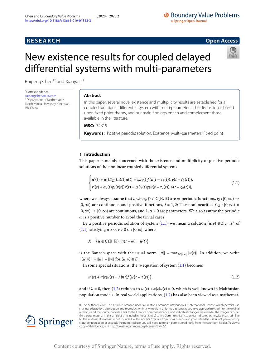 Pdf New Existence Results For Coupled Delayed Differential Systems With Multi Parameters