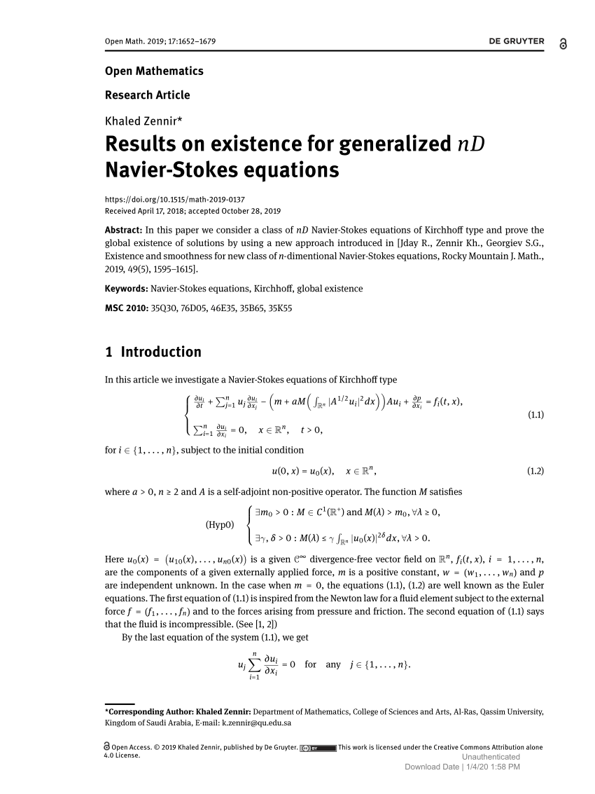 Pdf Results On Existence For Generalized Nd Navier Stokes Equations