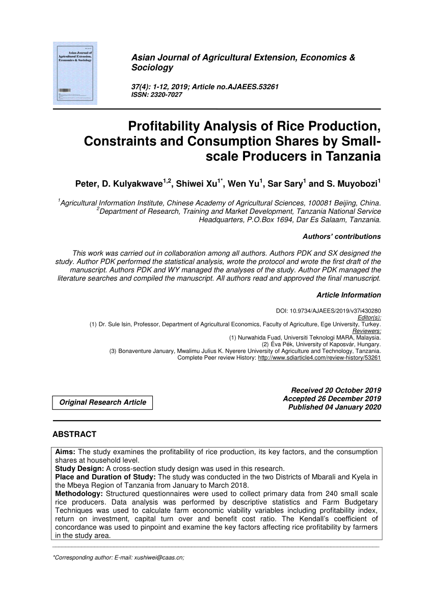 Pdf Profitability Analysis Of Rice Production Constraints And Consumption Shares By Small Scale Producers In Tanzania