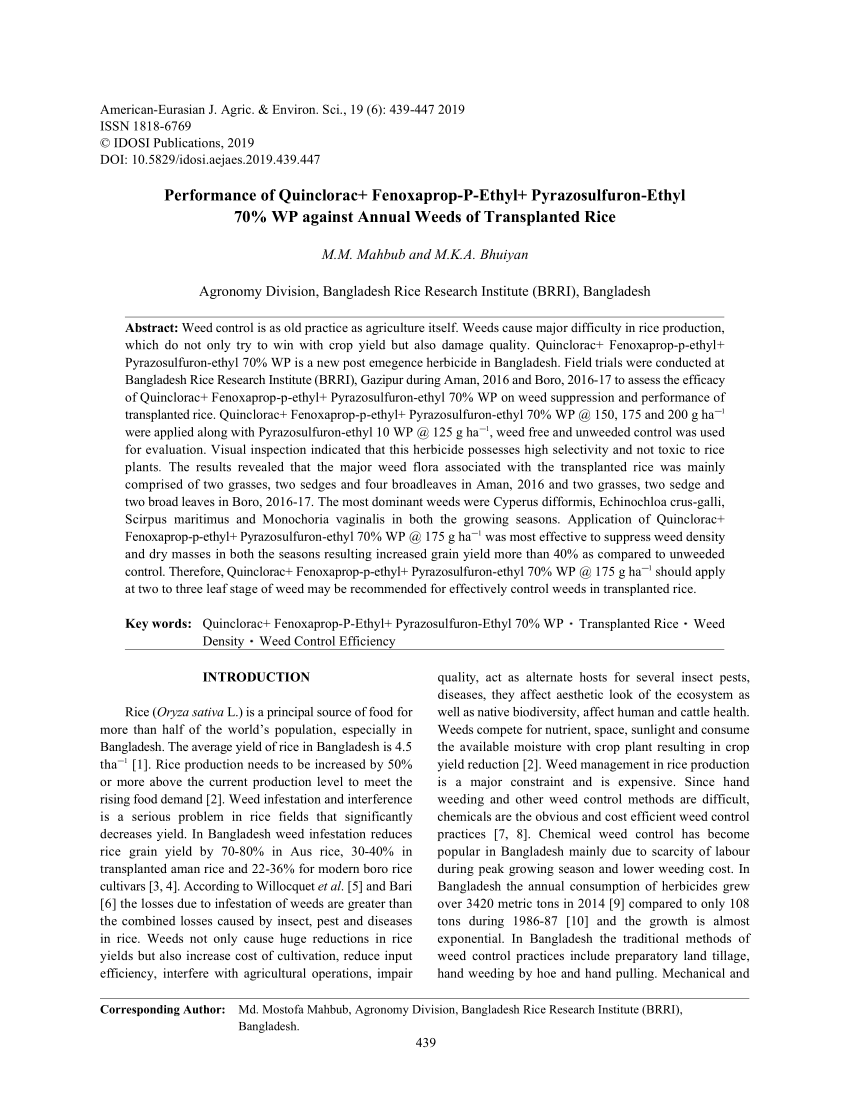 PDF) Performance of Quinclorac+ Fenoxaprop-P-Ethyl+ Pyrazosulfuron 