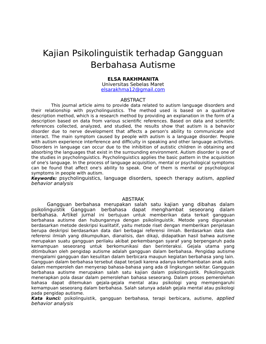 Pdf Kajian Psikolinguistik Terhadap Gangguan Berbahasa Autisme