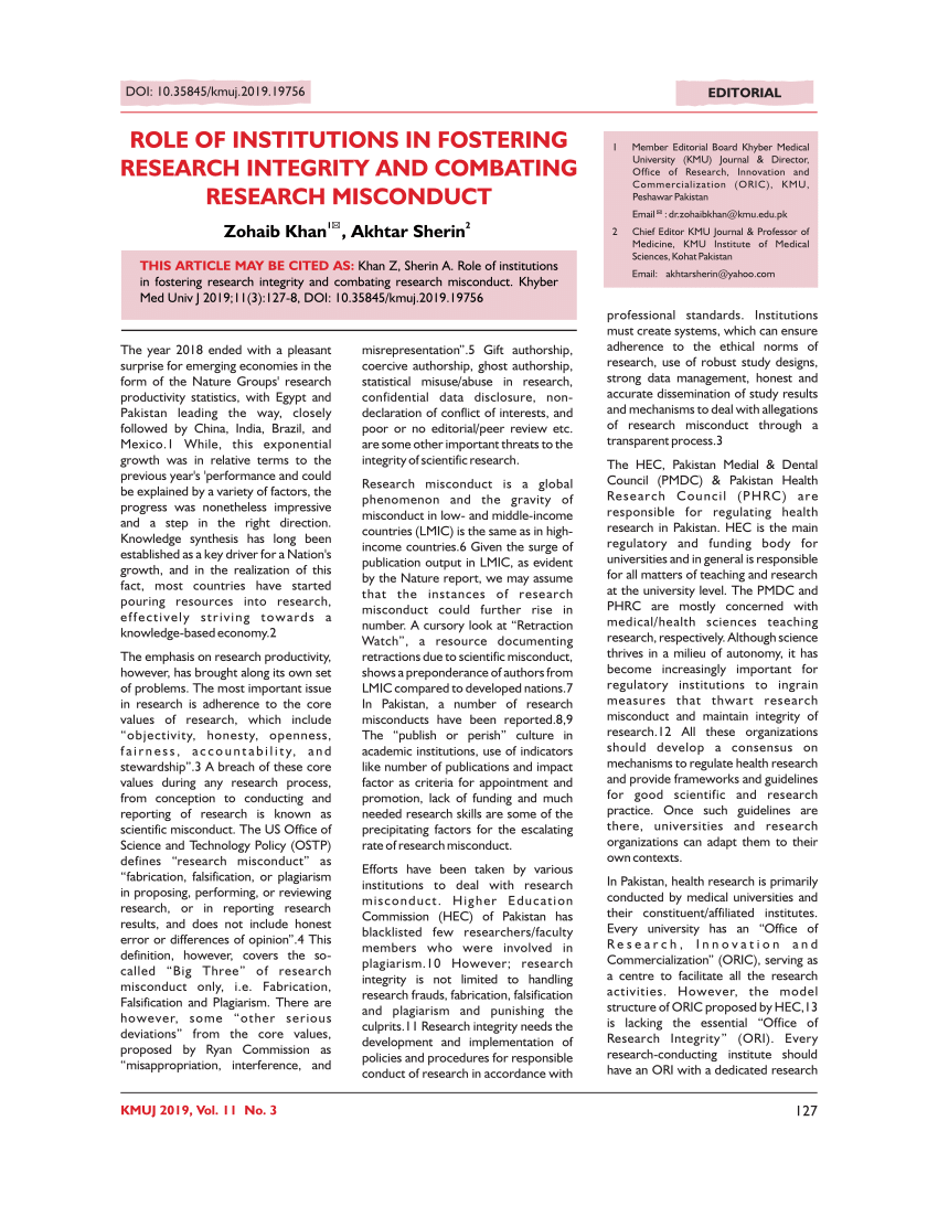 PDF) ROLE OF INSTITUTIONS IN FOSTERING RESEARCH INTEGRITY AND COMBATING RESEARCH  MISCONDUCT