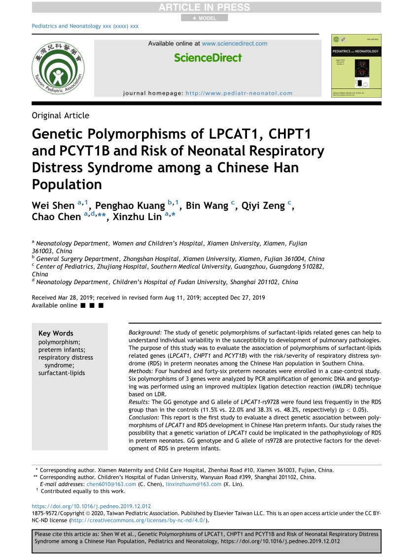 Pdf Genetic Polymorphisms Of Lpcat1 Chpt1 And Pcyt1b And Risk Of Neonatal Respiratory Distress Syndrome Among A Chinese Han Population