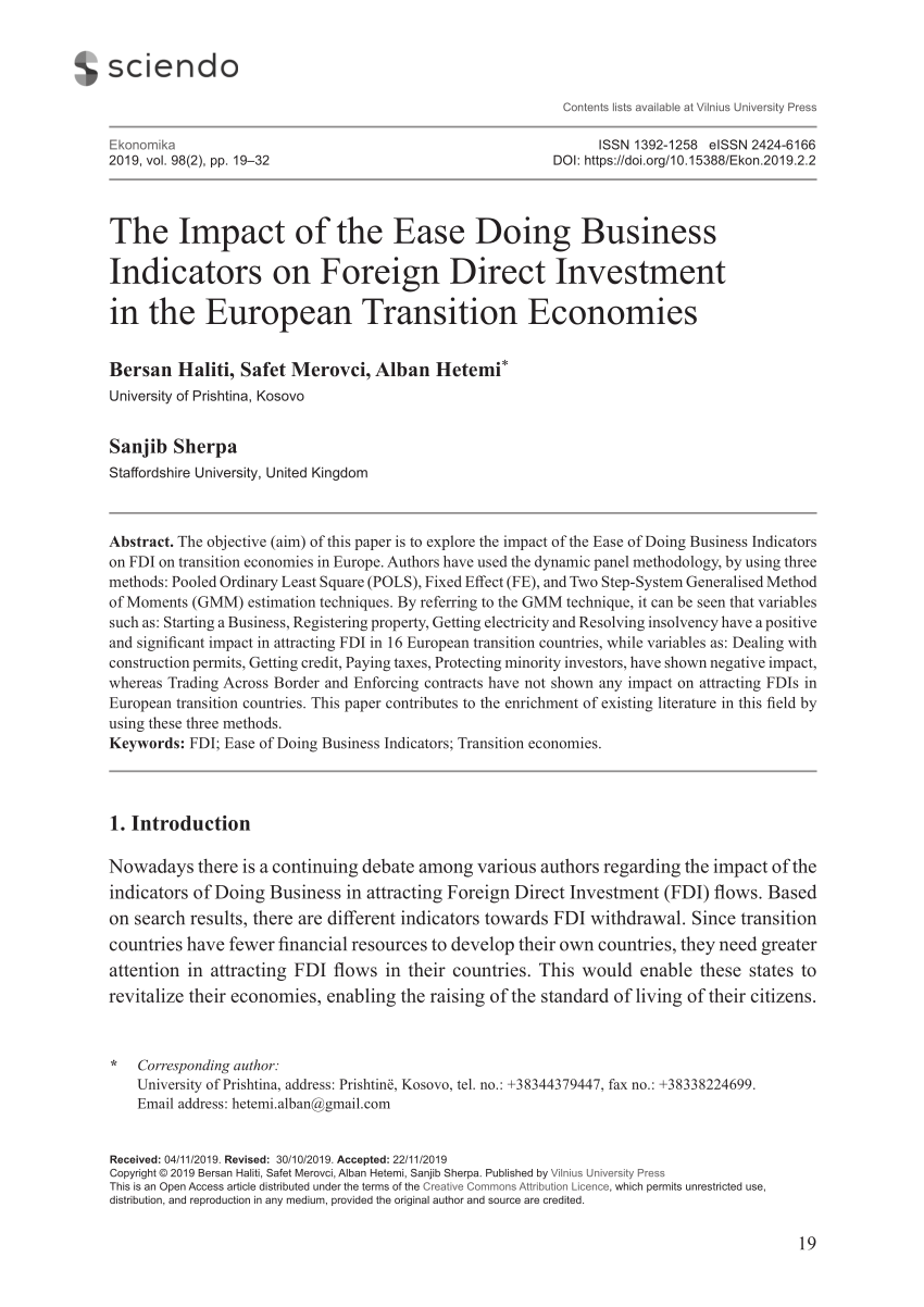 PDF) The impact of the Ease Business Indicators on Foreign Direct Investment in the European economies