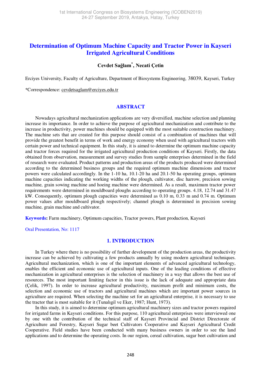 pdf determination of optimum machine capacity and tractor power in kayseri irrigated agricultural conditions