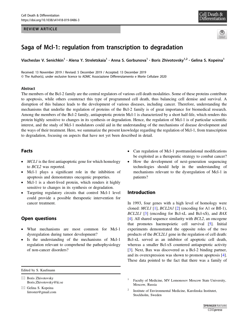PDF) Saga of Mcl-1: regulation from transcription to degradation