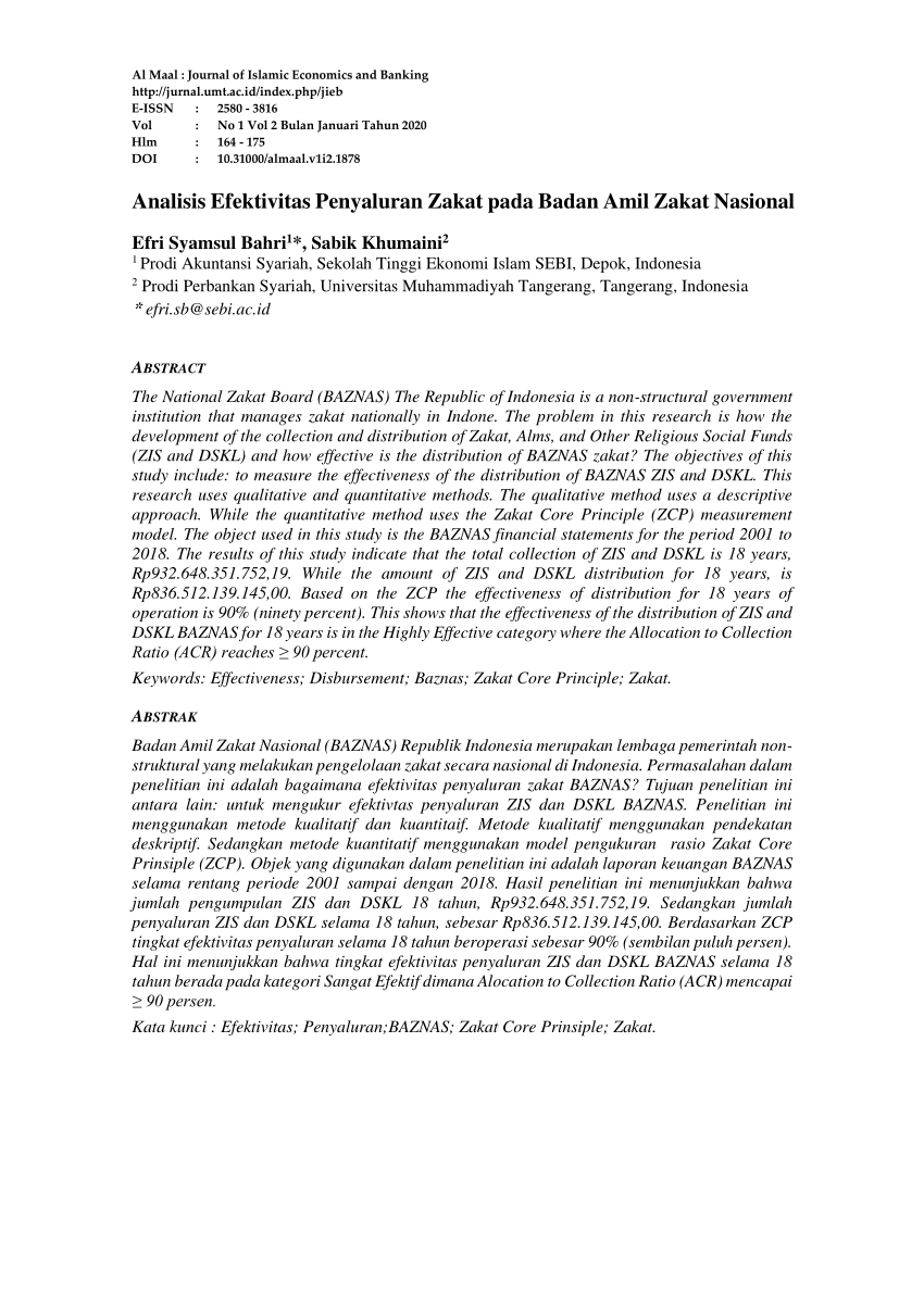 Pdf Analisis Efektivitas Penyaluran Zakat Pada Badan Amil Zakat Nasional