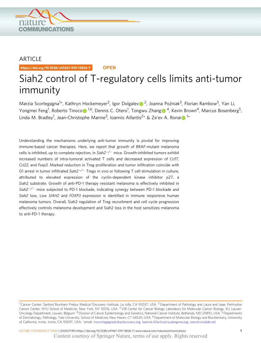 PDF) Siah2 control of T-regulatory cells limits anti-tumor immunity