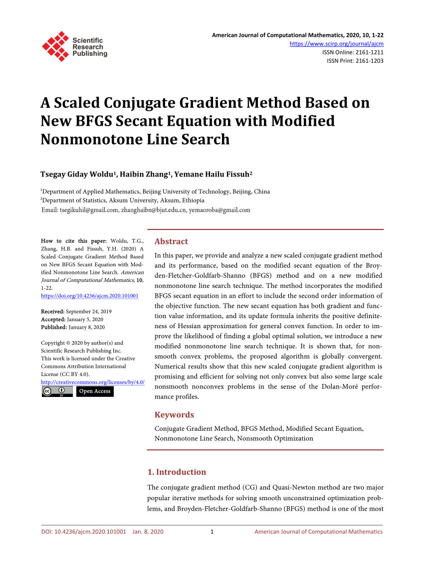 Pdf A Scaled Conjugate Gradient Method Based On New Bfgs Secant Equation With Modified Nonmonotone Line Search