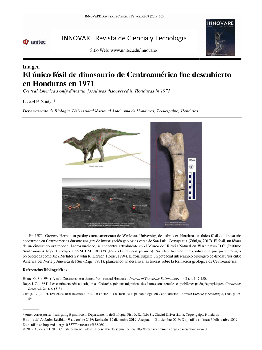 PDF) El único fósil de dinosaurio de Centroamérica fue descubierto en  Honduras en 1971 (Central America's only dinosaur fossil was discovered in  Honduras in 1971)