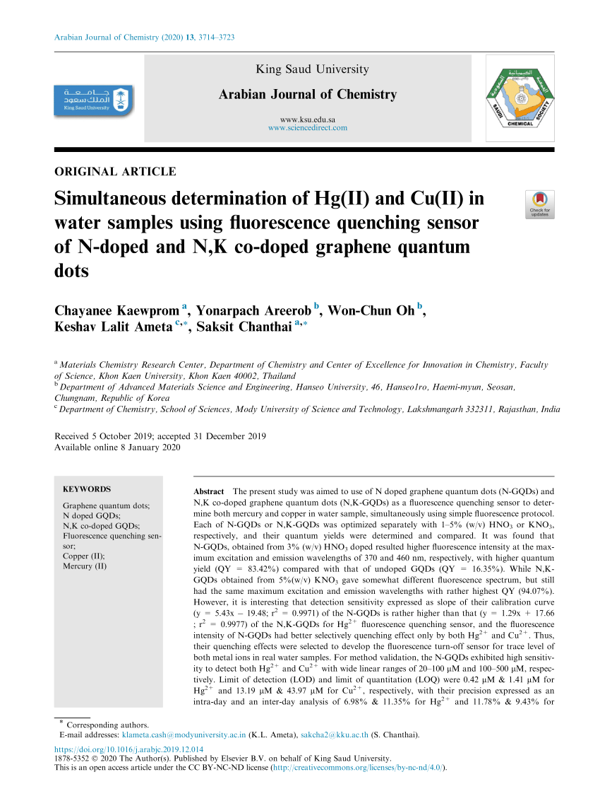 Pdf Simultaneous Determination Of Hg Ii And Cu Ii In Water Samples Using Fluorescence Quenching Sensor Of N Doped And N K Co Doped Graphene Quantum Dots