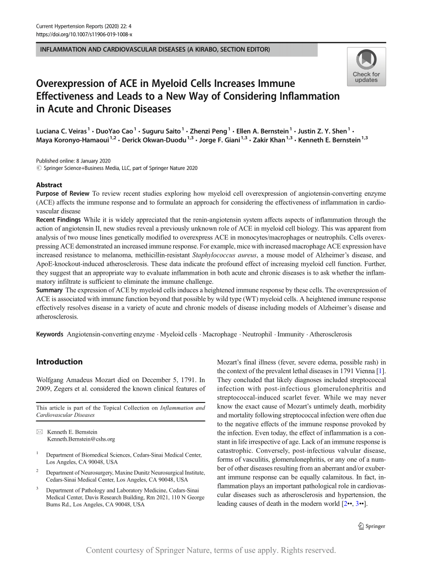 Overexpression Of Ace In Myeloid Cells Increases Immune Effectiveness And Leads To A New Way Of Considering Inflammation In Acute And Chronic Diseases Request Pdf