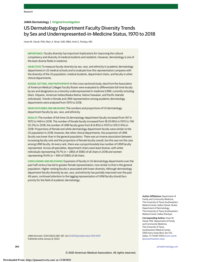 Pdf Us Dermatology Department Faculty Diversity Trends By Sex And Underrepresented In Medicine 