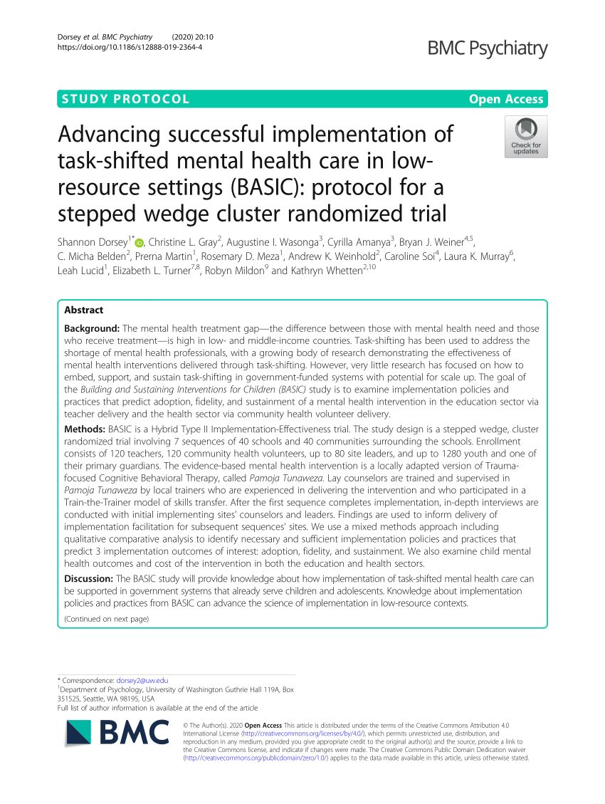 Pdf Advancing Successful Implementation Of Task Shifted Mental Health Care In Low Resource Settings Basic Protocol For A Stepped Wedge Cluster Randomized Trial