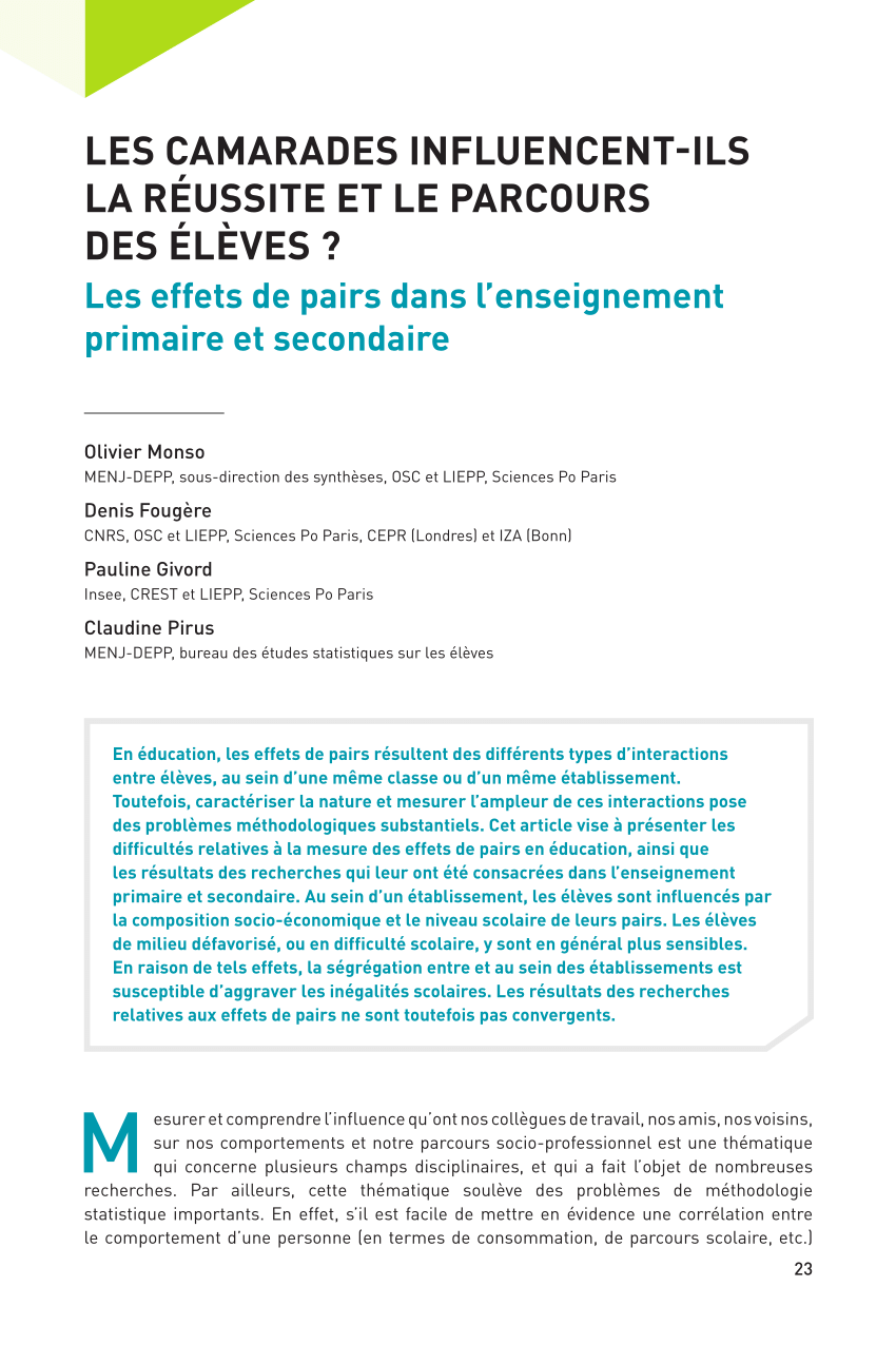 Pdf Les Camarades Influencent Ils La Reussite Et Le Parcours Des Eleves