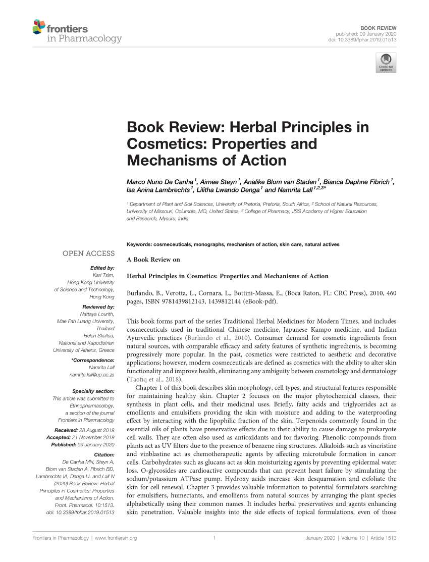 (PDF) Book Review: Herbal Principles in Cosmetics: Properties and ...