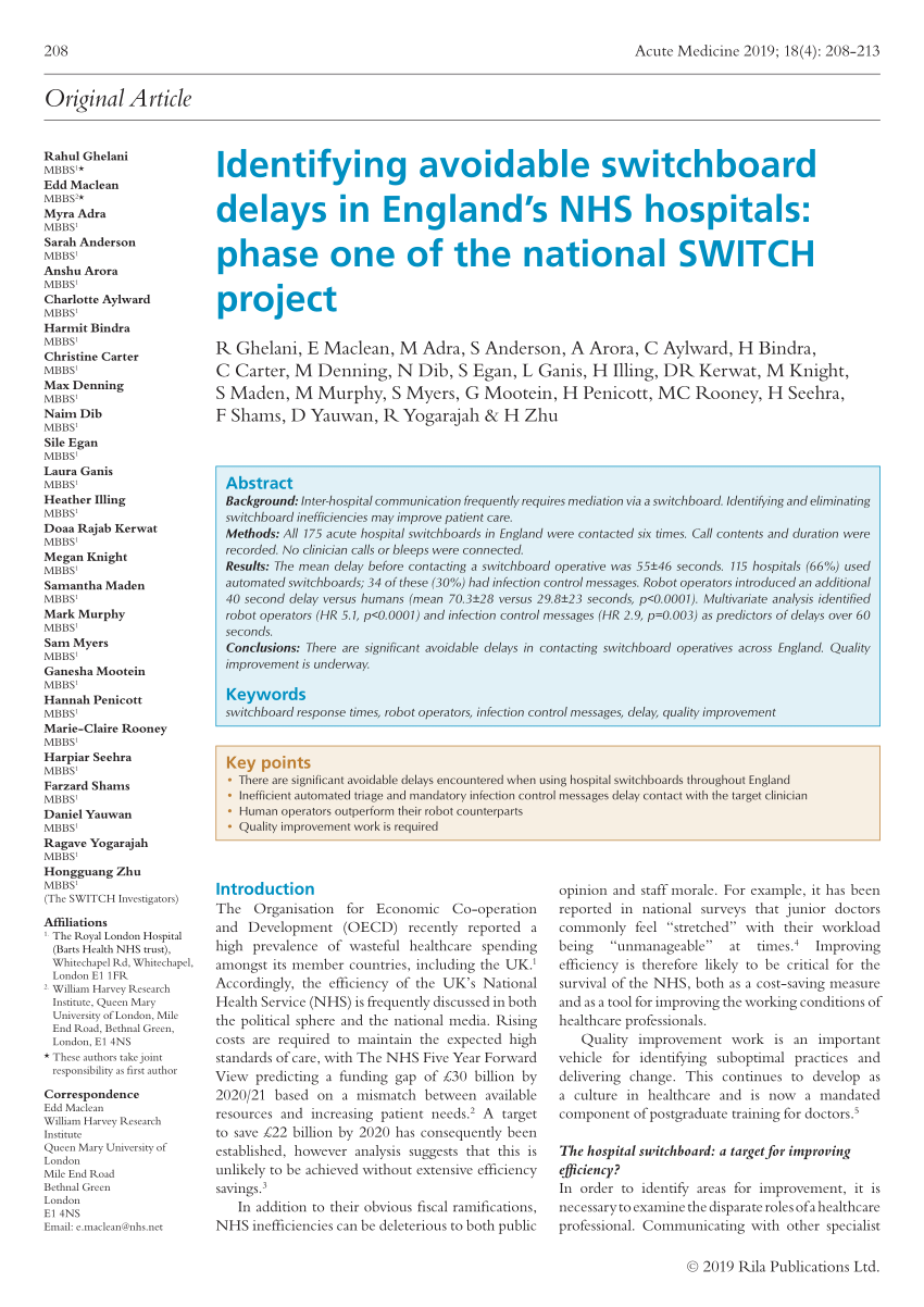 Pdf Identifying Avoidable Switchboard Delays In England S Nhs Hospitals Phase One Of The National Switch Project