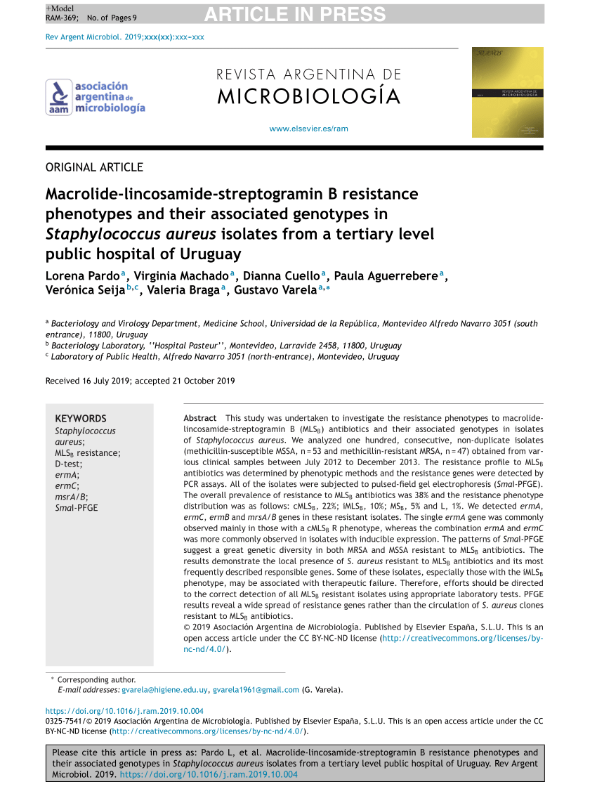 Pdf Macrolide Lincosamide Streptogramin B Resistance Phenotypes And Their Associated Genotypes In Staphylococcus Aureus Isolates From A Tertiary Level Public Hospital Of Uruguay