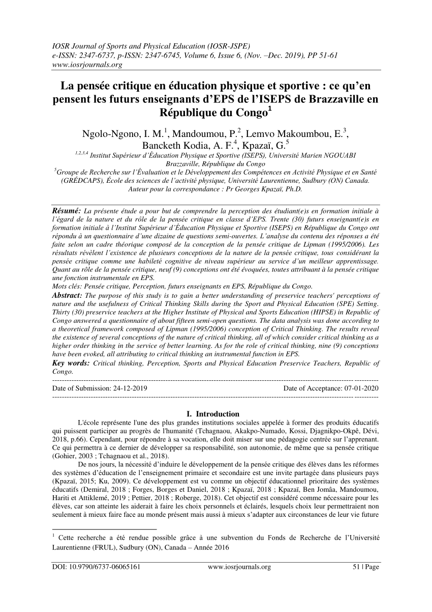 Pdf La Pensee Critique En Education Physique Et Sportive Ce Qu En Pensent Les Futurs Enseignants D Eps De L Iseps De Brazzaville En Republique Du Congo