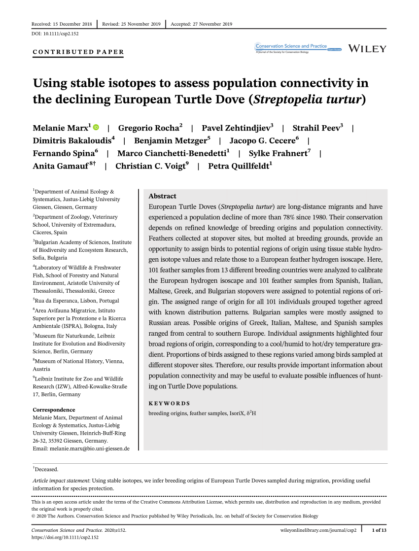 Pdf Using Stable Isotopes To Assess Population Connectivity In The Declining European Turtle Dove Streptopelia Turtur