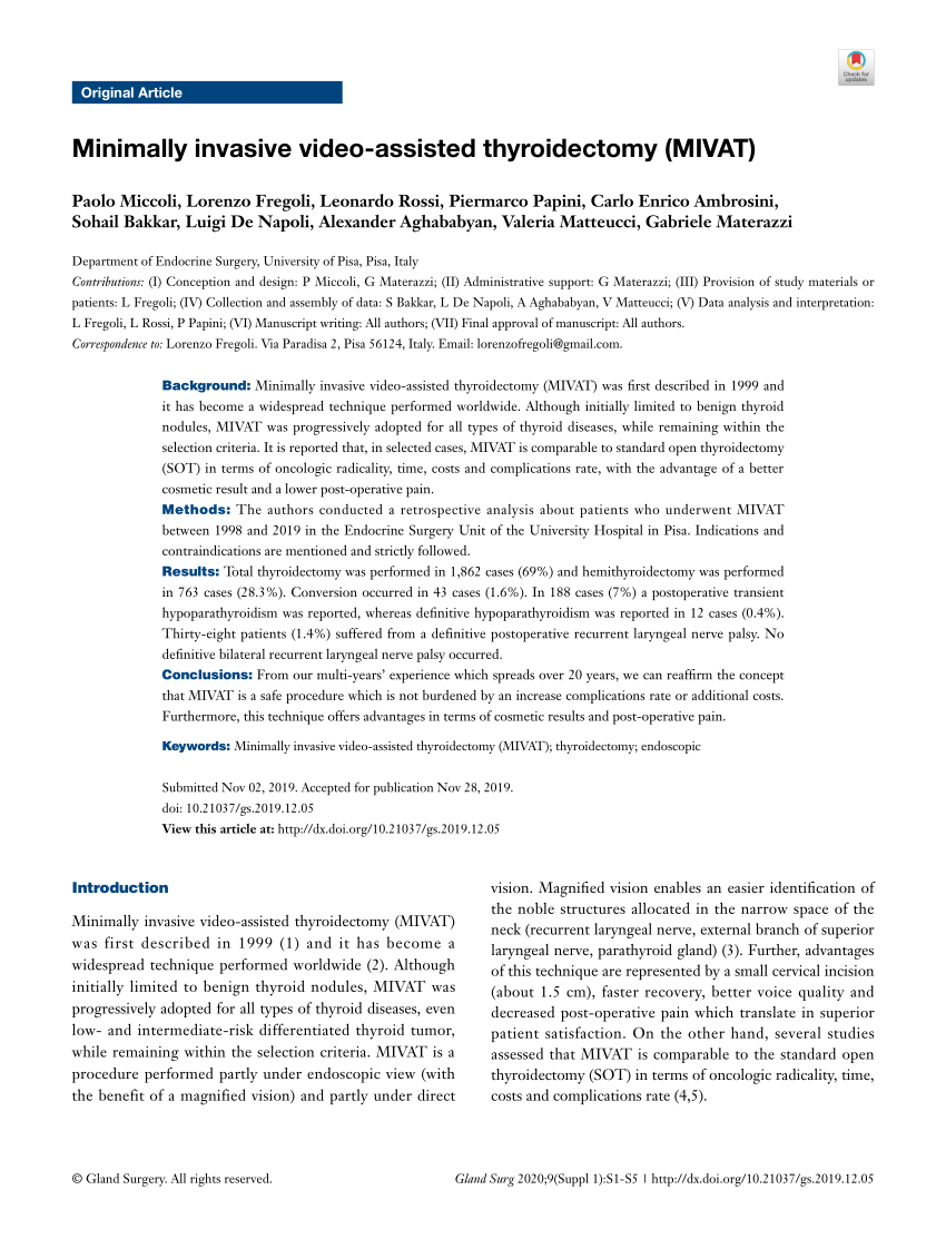 Pdf Minimally Invasive Video Assisted Thyroidectomy Mivat