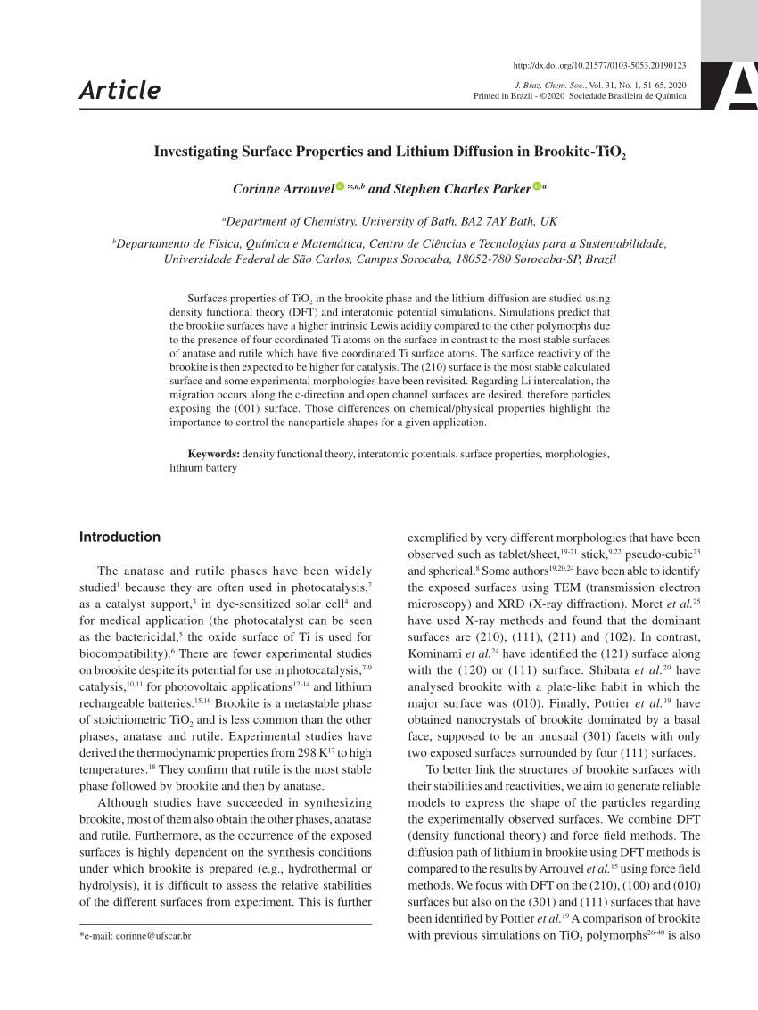 Pdf Investigating Surface Properties And Lithium Diffusion In Brookite Tio2