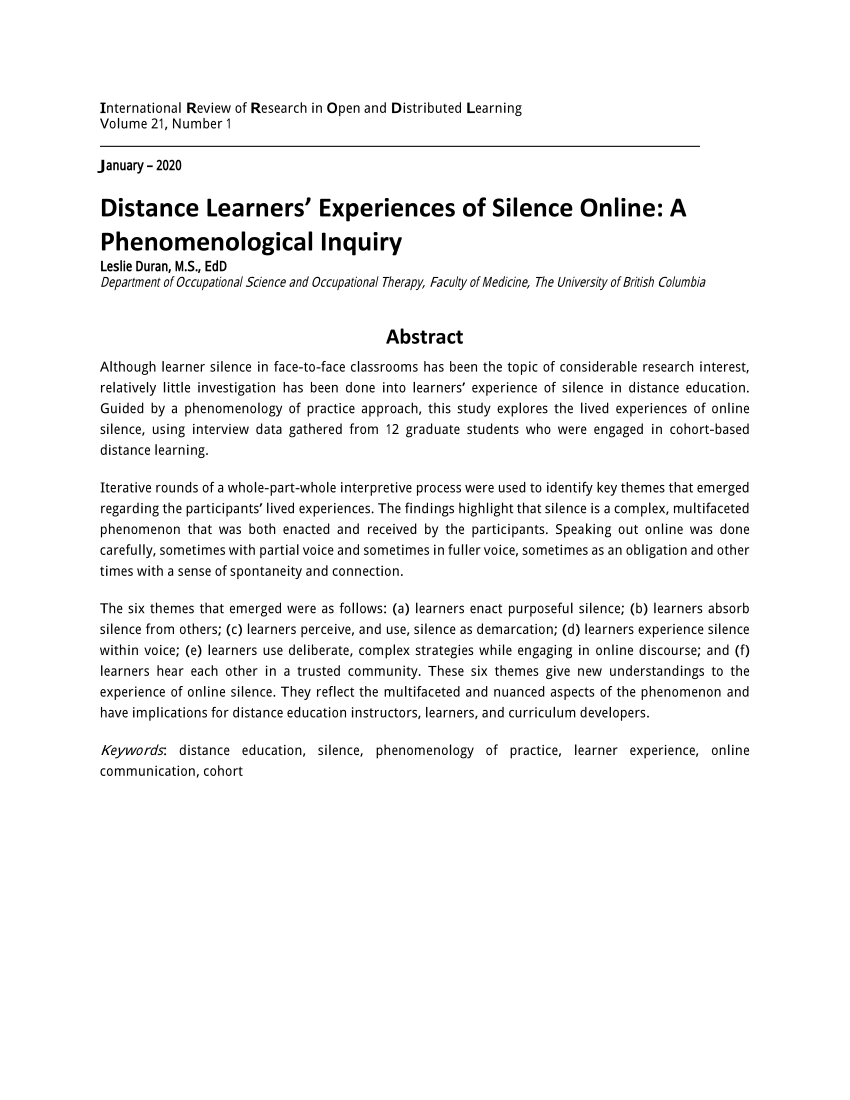 Pdf Distance Learners Experiences Of Silence Online A Phenomenological Inquiry