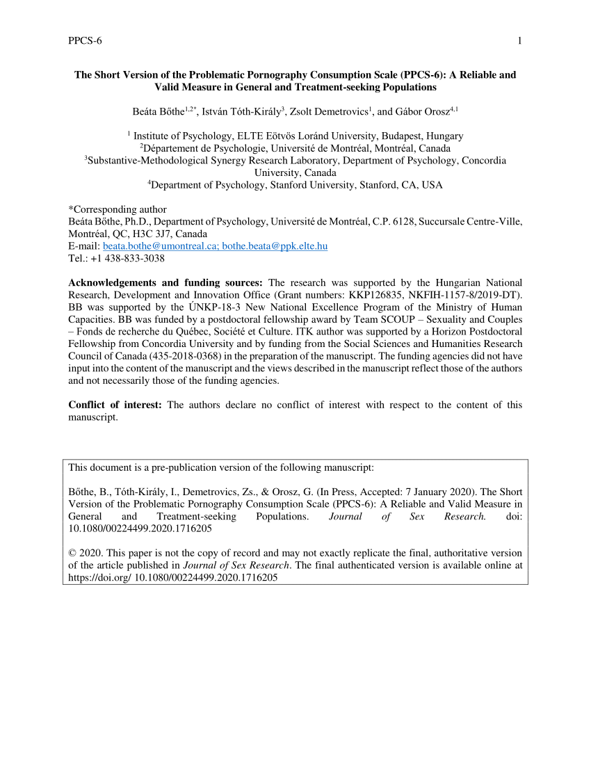 PDF) The Short Version of the Problematic Pornography Consumption Scale  (PPCS-6): A Reliable and Valid Measure in General and Treatment-Seeking  Populations