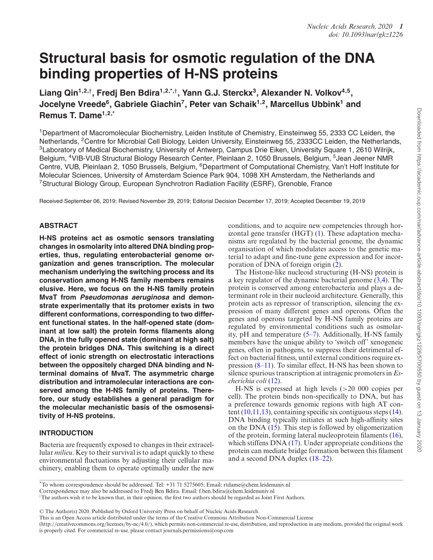 Pdf Structural Basis For Osmotic Regulation Of The Dna Binding Properties Of H Ns Proteins