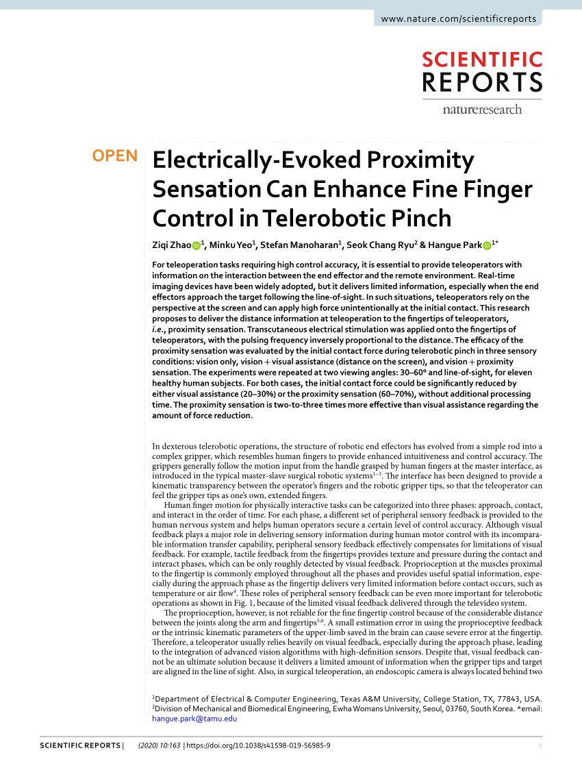 PDF) Electrically-Evoked Proximity Sensation Can Enhance Fine Finger  Control in Telerobotic Pinch