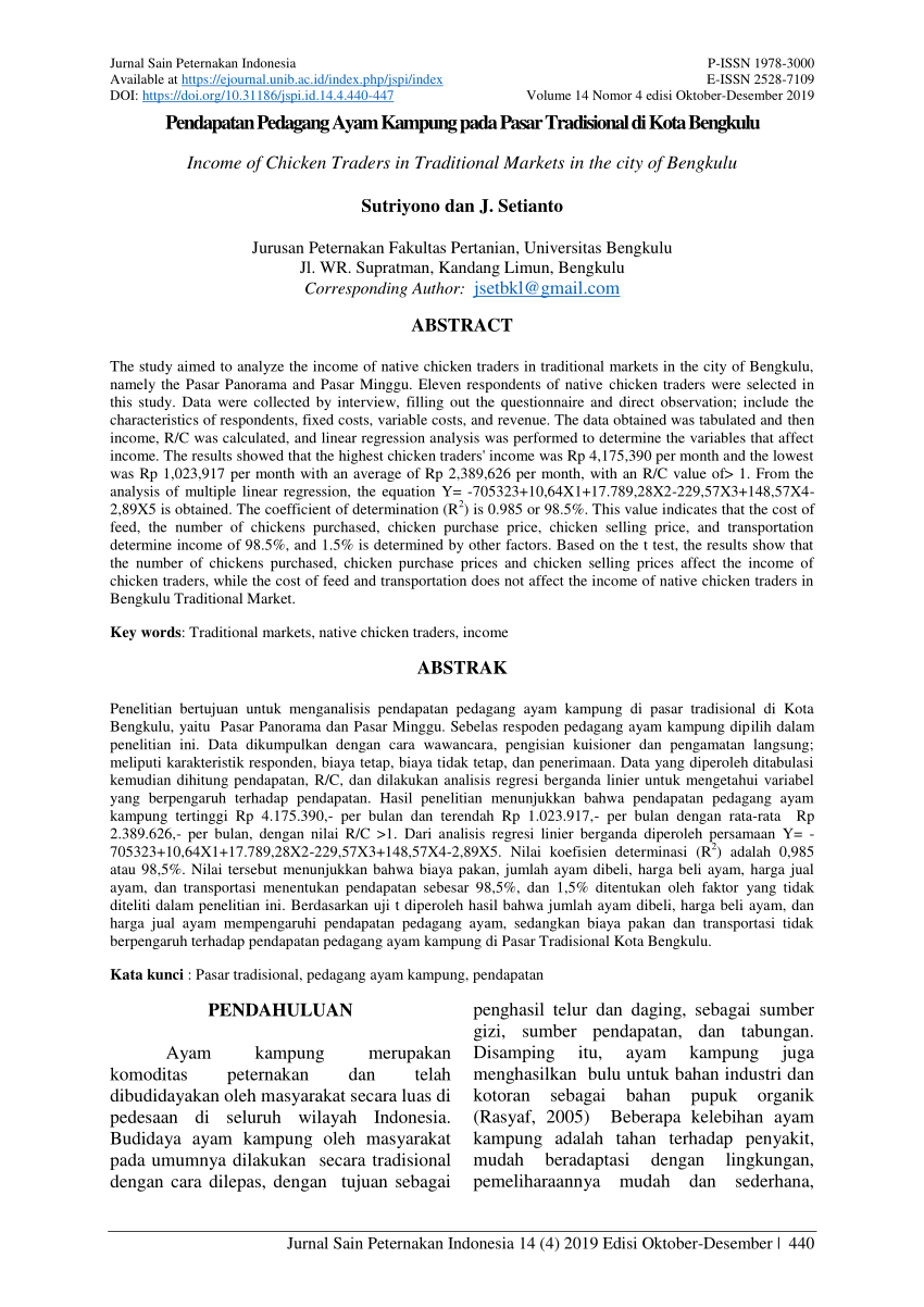 Pdf Pendapatan Pedagang Ayam Kampung Pada Pasar Tradisional Di