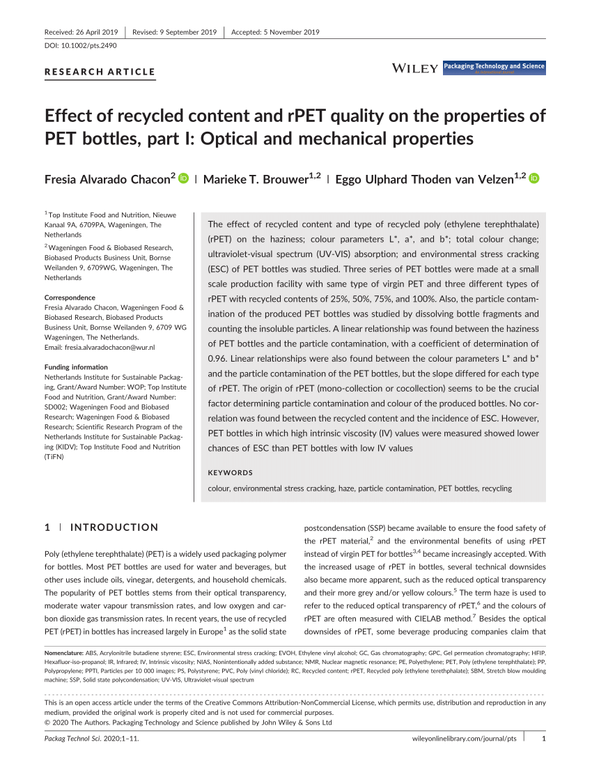 Pdf Effect Of Recycled Content And Rpet Quality On The Properties Of Pet Bottles Part I Optical And Mechanical Properties