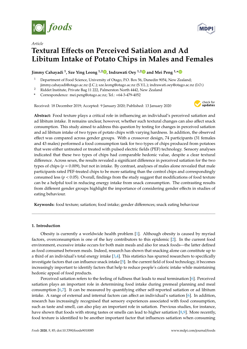 Pdf Textural Effects On Perceived Satiation And Ad Libitum Intake Of Potato Chips In Males And Females