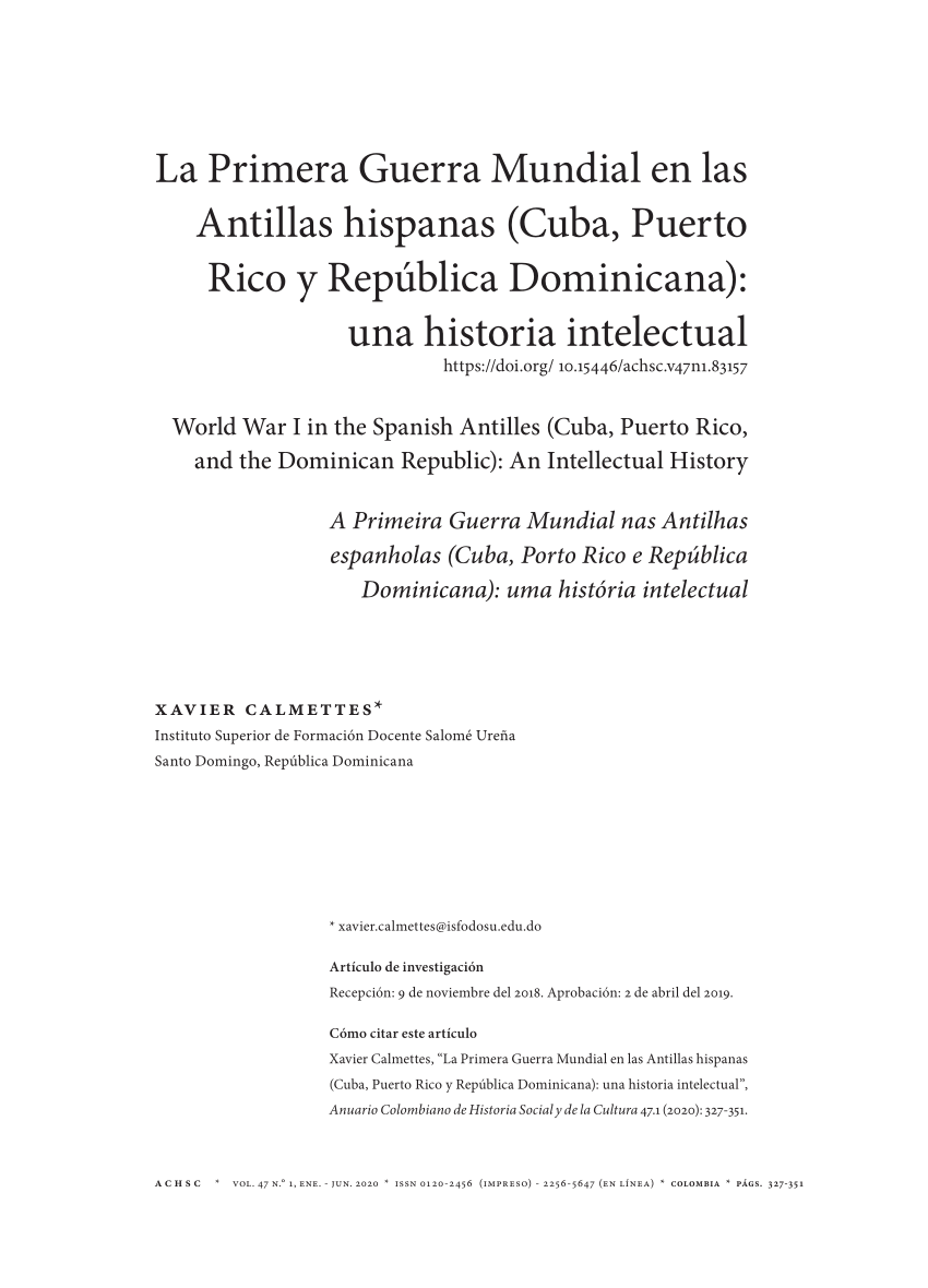 PDF) La Primera Guerra Mundial en las Antillas hispanas (Cuba, Puerto Rico  y República Dominicana): una historia intelectual