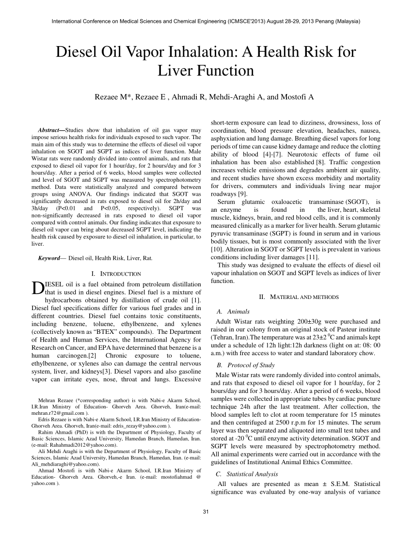 PDF Diesel Oil Vapor Inhalation A Health Risk for Liver Function